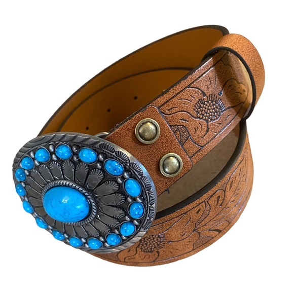 Turquoise Stone Embossed Brown Leather Western Belt With Silver Metal BuckleNew - Picture 4 of 15